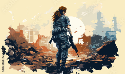 A woman in a military uniform is walking through a desolate landscape