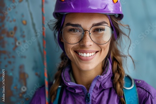 Close-up portrait of a female industrial mountaineer worker in bright uniform against concrete wall. Industrial climber works at an industrial facility using safety gear. Industrial alpinism concept.