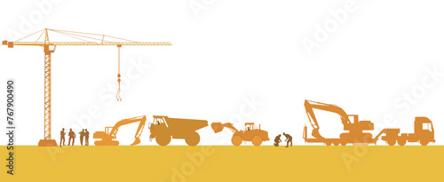 Baustelle mit Bagger und Schweren Lastwagen   illustration