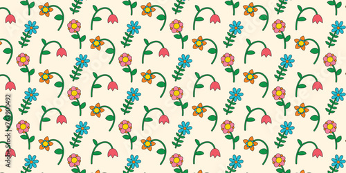 Seamless pattern with multicolored flowers collection in retro groovy style. Simple flat style flowers. Trendy hand drawn flowers. Botanical floral elements.