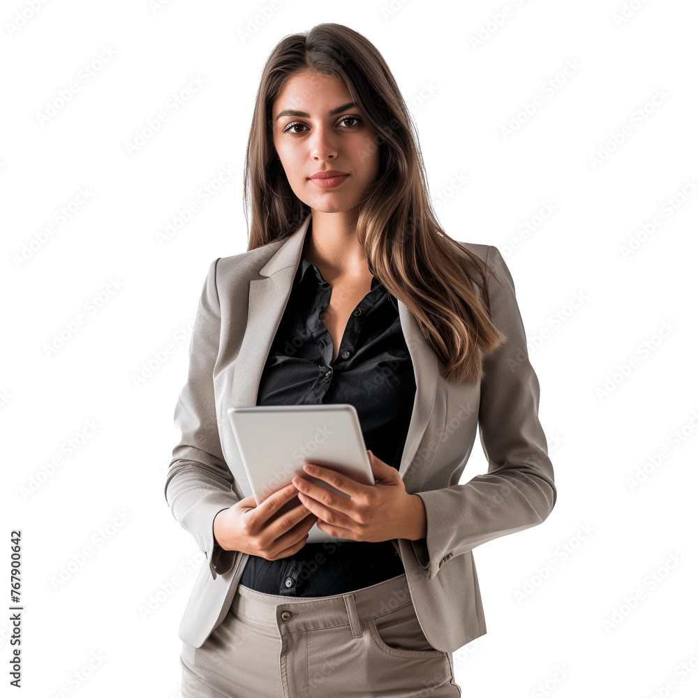 Mujer joven, ejecutivo, con tablet en la mano, fondo blanco Mujer joven, ejecutivo, con tablet en la mano, fondo blanco
