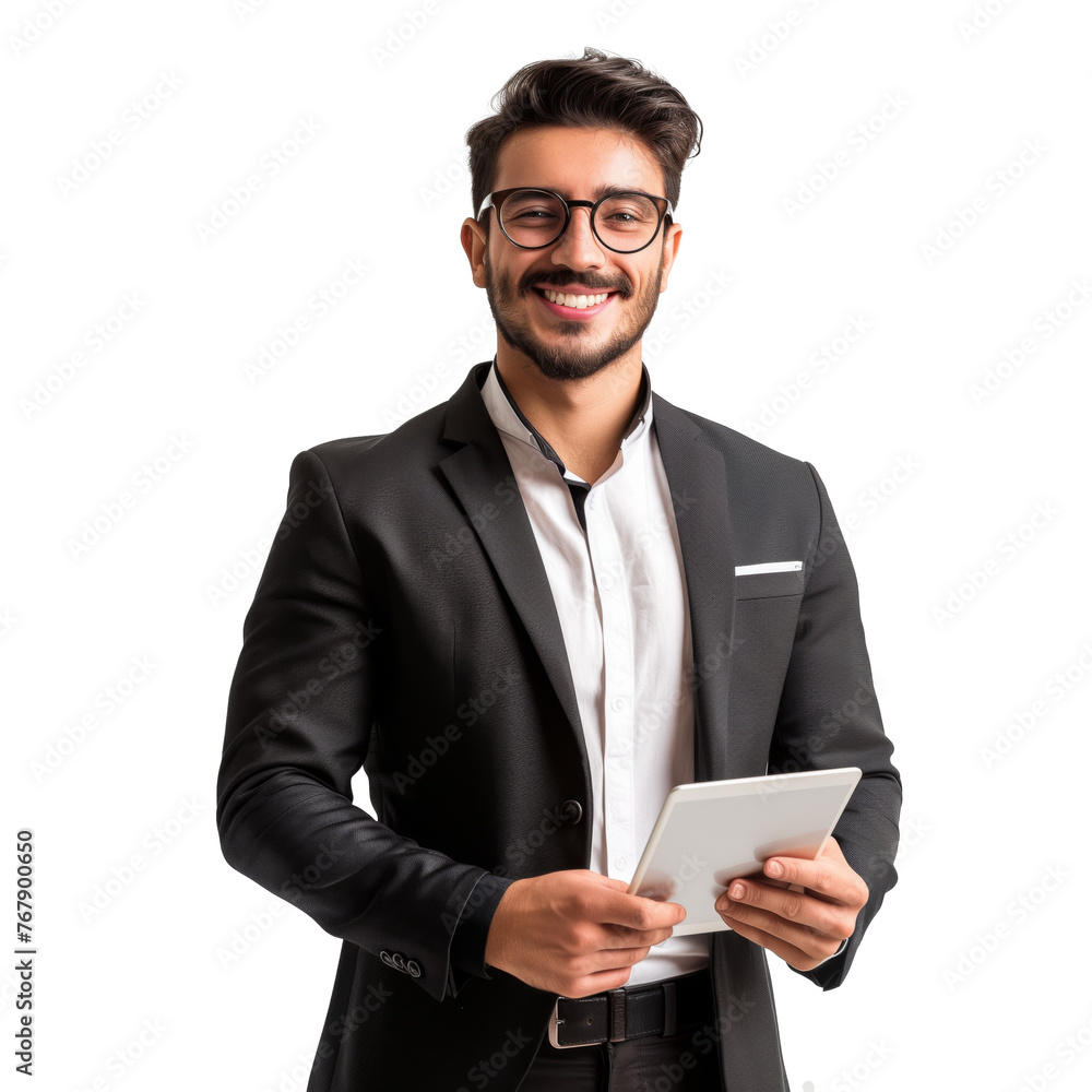 Hombre joven, ejecutivo, con tablet en la mano, fondo blanco Hombre joven, ejecutivo, con tablet en la mano, fondo blanco