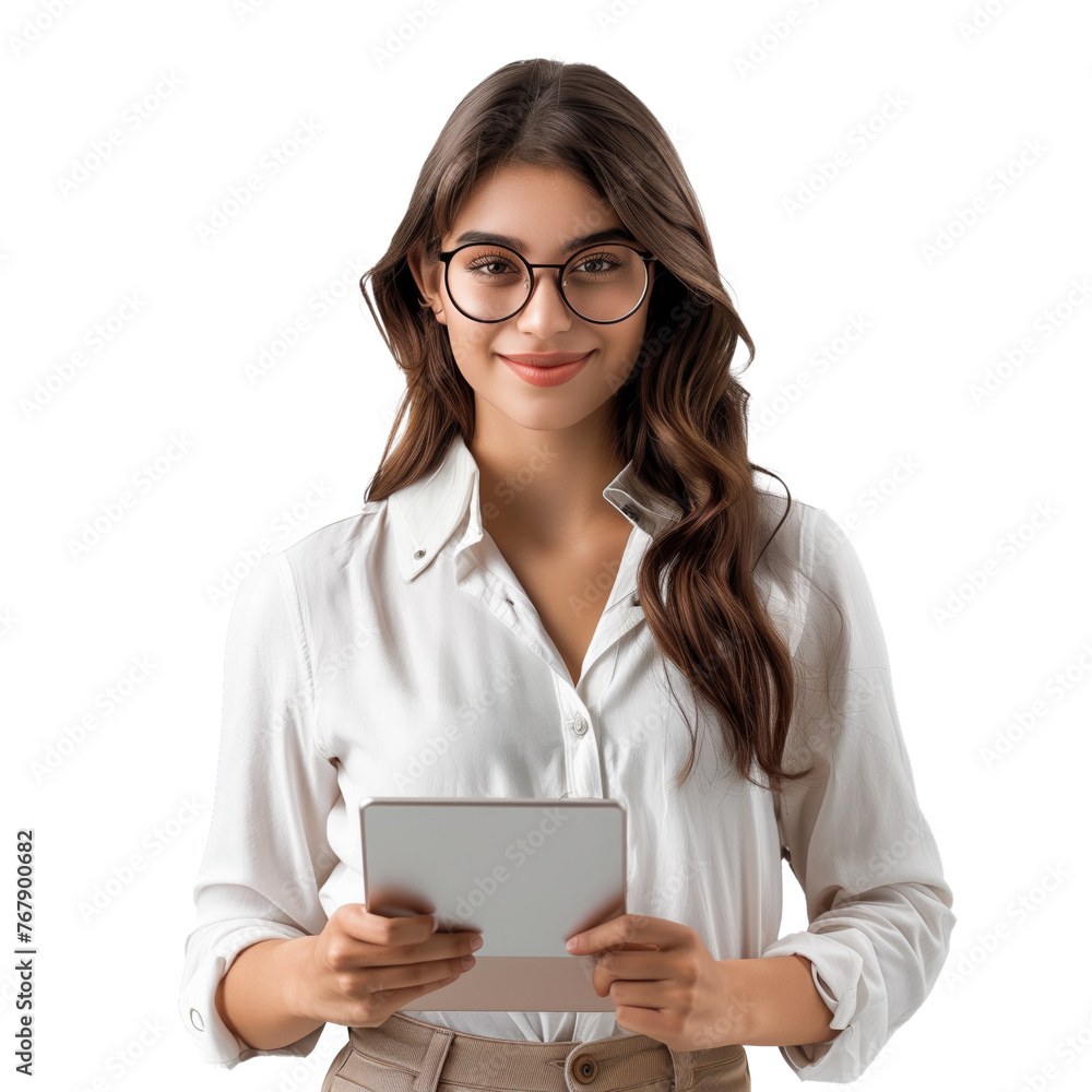 Mujer joven, ejecutivo, con tablet en la mano, fondo blanco