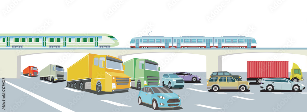 Naklejka premium Bahnverkehr und Straßenverkehr mit Lastwagen und Autos