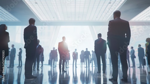 Back view group of businesspeople in formal clothes standing in exhibition hall. AI generated image