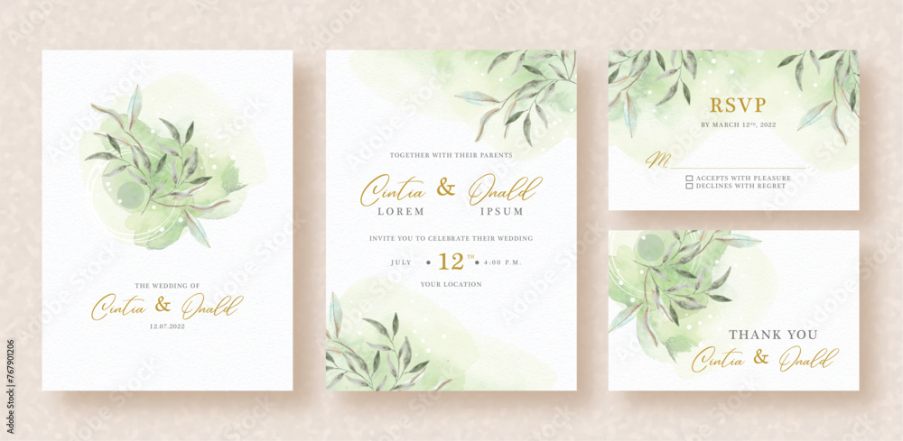 Beauty watercolor leaves on wedding invitation template