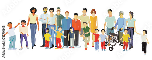 Eine große Gruppe von Eltern mit Kindern, isoliert illustration