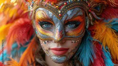 Venetian mask with feathers and glitter.