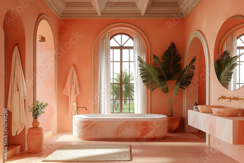Interior design of a modern coral bathroom with a decorative arch and a large window