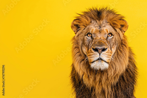 Amusing lion posing with a funny expression against a yellow background © Venka