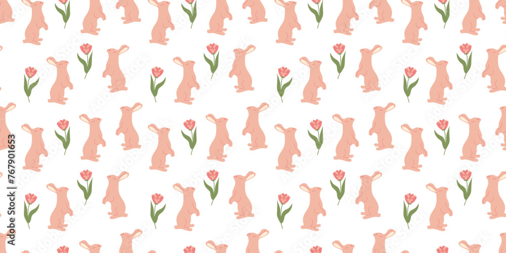 Bunny seamless pattern with leaves in doodle style. Endless Illustration with animals. White rabbits with botanical elements on white background. Cute kids design