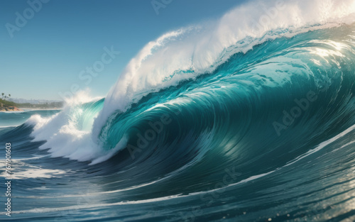 Tidal tsunami wave with foam,  stormy sea background, blue and teal ocean illustration © Amarylle