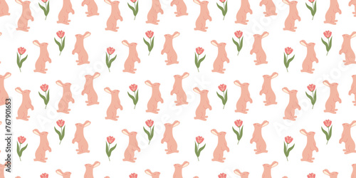 Bunny seamless pattern with leaves in doodle style. Endless Illustration with animals. White rabbits with botanical elements on white background. Cute kids design