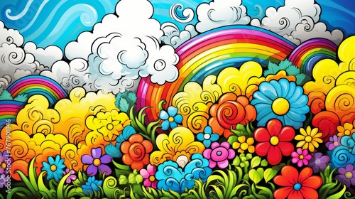 Sunny doodle sketch wallpaper sun, rainbow, and flowers in a vibrant summer theme