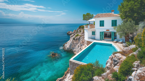 Traditional Mediterranean white house with swimming pool on a hill overlooking the sea. background Summer holidays