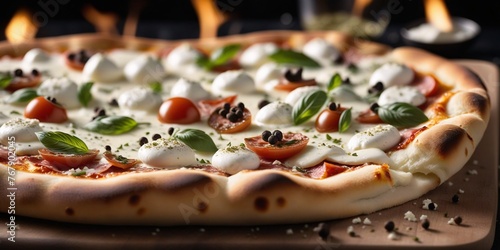 A Tempting Treat: Pizza with Tomatoes and Mozzarella. A delicious pizza with a thin crust, topped with sliced tomatoes, fresh mozzarella cheese, and basil leaves sits on a wooden table.
