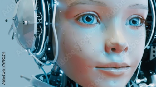 Close-up of a robotic child's face with striking blue eyes and a detailed futuristic design, highlighting the blend of humanity and technology.