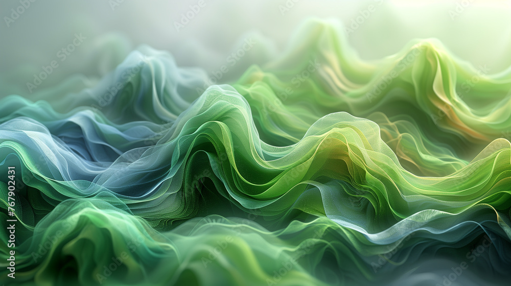 Fototapeta premium Abstract digital art of flowing, ethereal shapes in soft blues and greens against a deep blue background. 