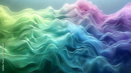 Abstract wave design with blue and green colors, transparent veil fabric, soft lighting, fluid lines, high resolution, highly detailed,