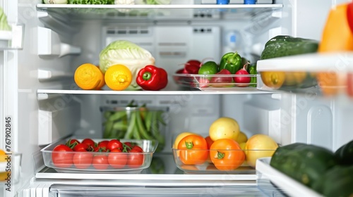 Open refrigerator with fresh vegetables on shelves