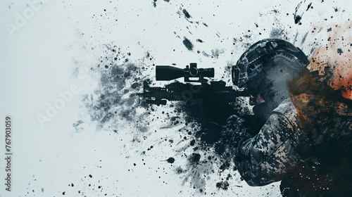 Tactical Vision: Sniper Soldier Looks Through the Scope, Next to an Exploding Bomb on a White Background.
