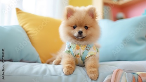 Pomeranian dog wearing colorful outfit on sofa. photo