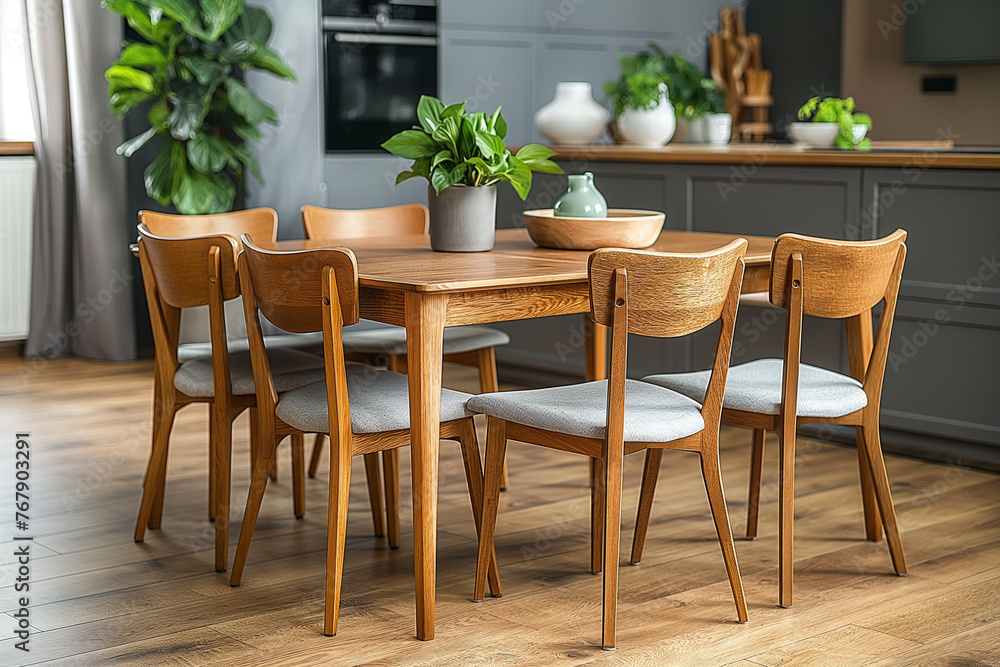 Wooden dining table and chairs, Scandinavian interior design of modern dining room