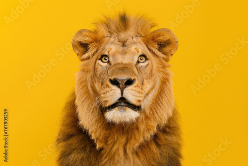 Cheerful close-up of a lion with a comical expression on a yellow backdrop