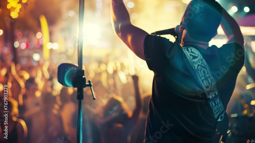 A dynamic shot of a singer belting out a summer anthem on stage at an outdoor music festival photo