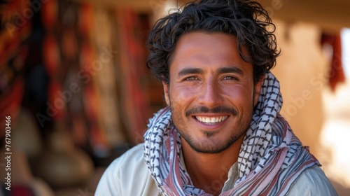 Smiling man with scarf. Outdoor candid portrait.