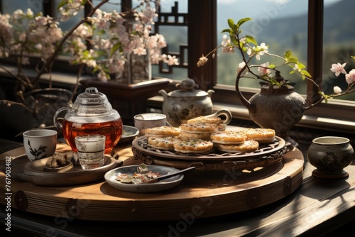 A traditional tea ceremony with delicate pastries