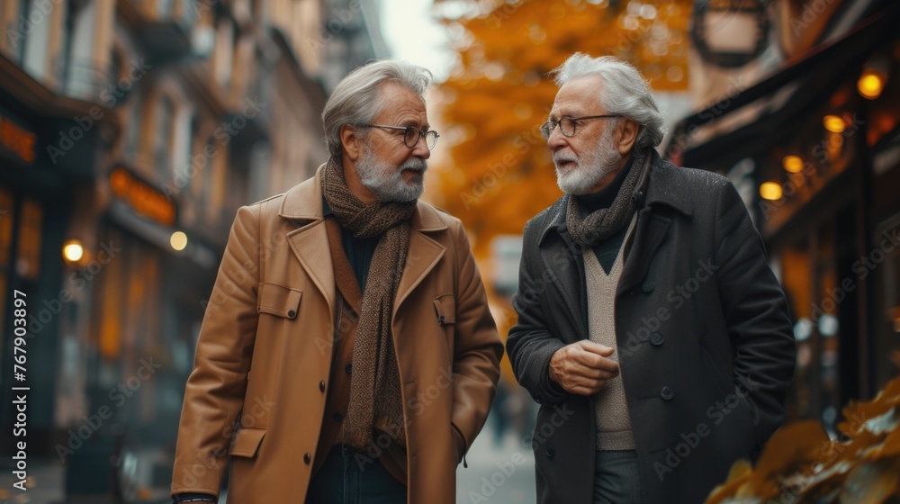 Two elderly gentlemen engaging in a conversation on an autumn day in the city.