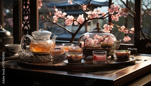 A traditional tea ceremony with delicate pastries