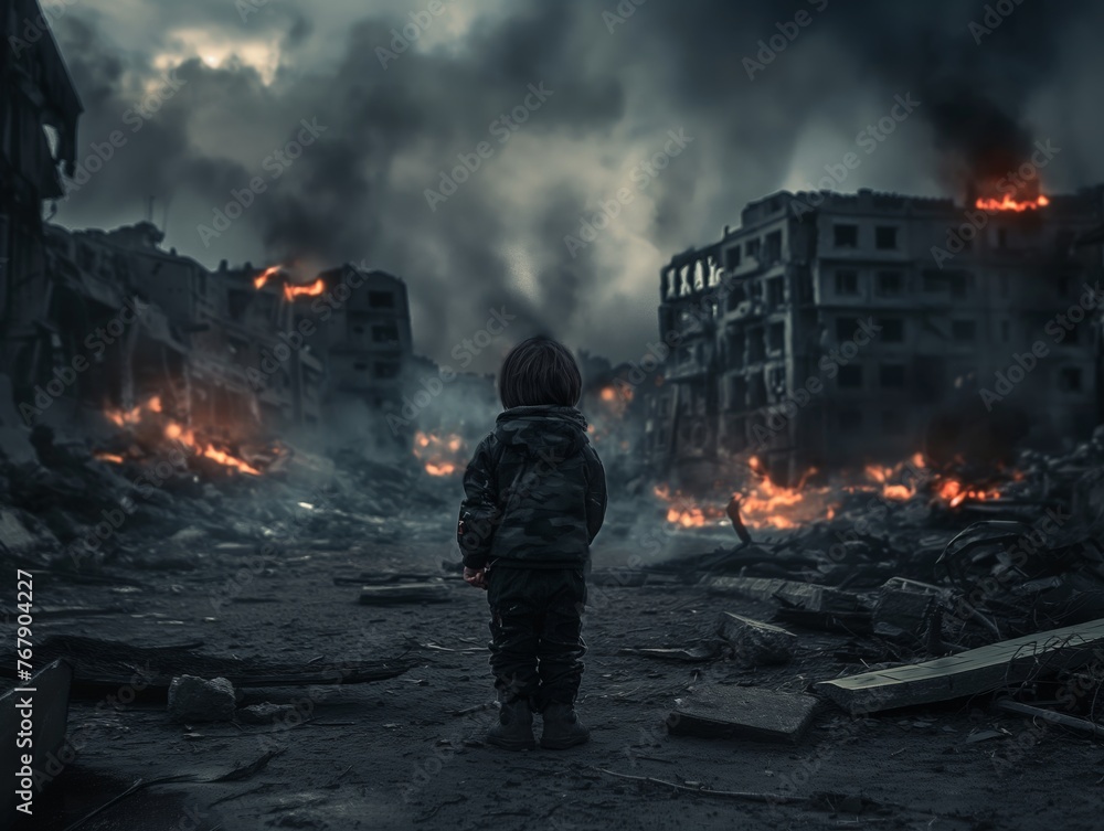 A poignant scene of a young child standing alone in the devastated aftermath of urban destruction. - obrazy, fototapety, plakaty 