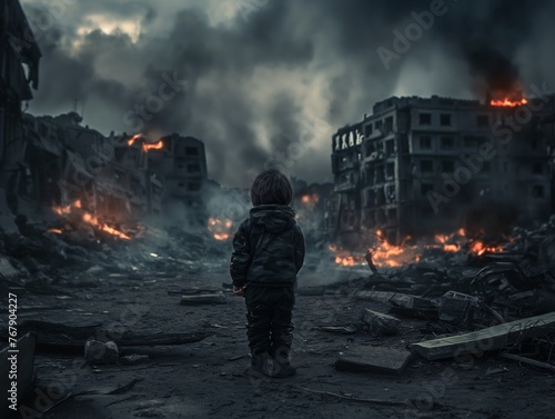 A poignant scene of a young child standing alone in the devastated aftermath of urban destruction.
