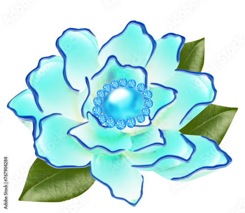 Beautiful abstract blue flower with dark blue edging and green leaves