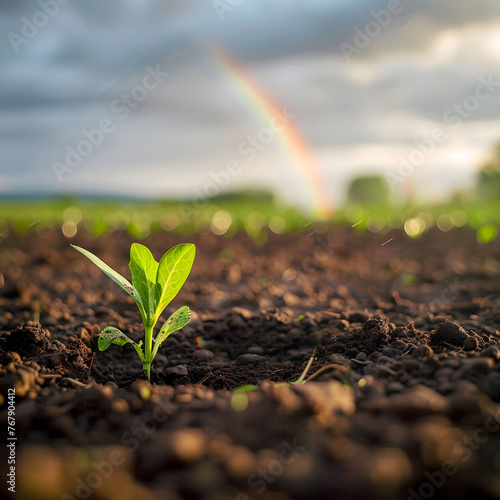 A small green plant sprouts from the ground while a rainbow is visible in the sky