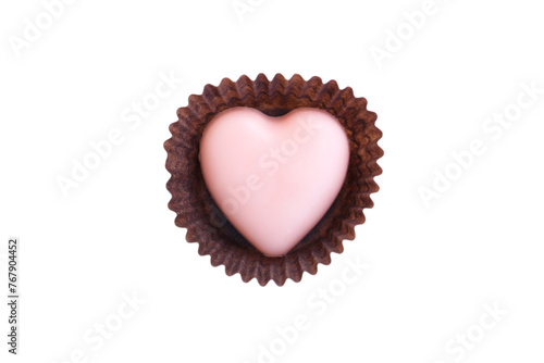 Fototapeta Naklejka Na Ścianę i Meble -  Pink heart shaped chocolate in wrapper isolated on white background, Chocolate candy