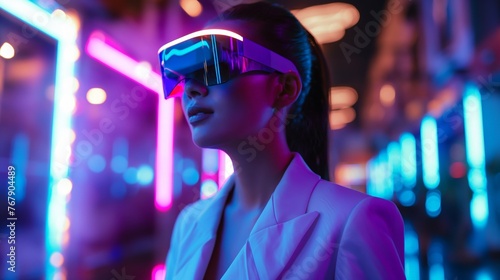 A woman in a white blazer with a futuristic visor against neon lights.