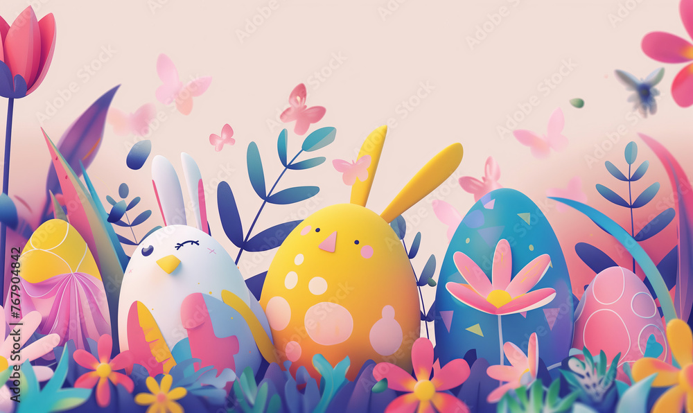 Easter card characters illustration, vibrant colors, colorful happy cartoon.