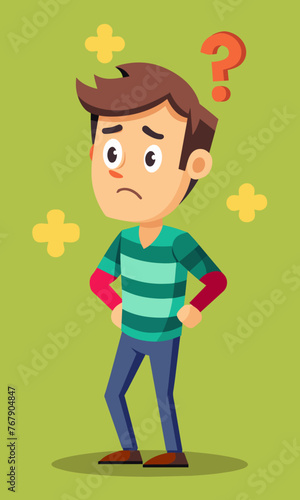Young puzzled, doubtful, confused man thinking, trying to find solution, worried expression on his face, concept - Sorry, don't know how it happened. Copy space.