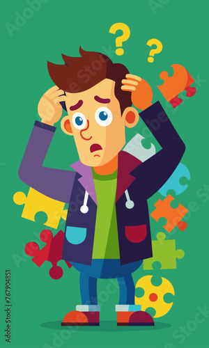 Young puzzled, doubtful, confused man thinking, trying to find solution, worried expression on his face, concept - Sorry, don't know how it happened. Copy space.