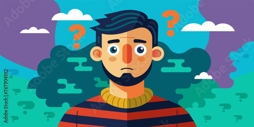Young puzzled, doubtful, confused man thinking, trying to find solution, worried expression on his face, concept - Sorry, don't know how it happened. Copy space.