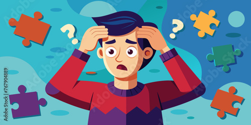 Young puzzled, doubtful, confused man thinking, trying to find solution, worried expression on his face, concept - Sorry, don't know how it happened. Copy space.