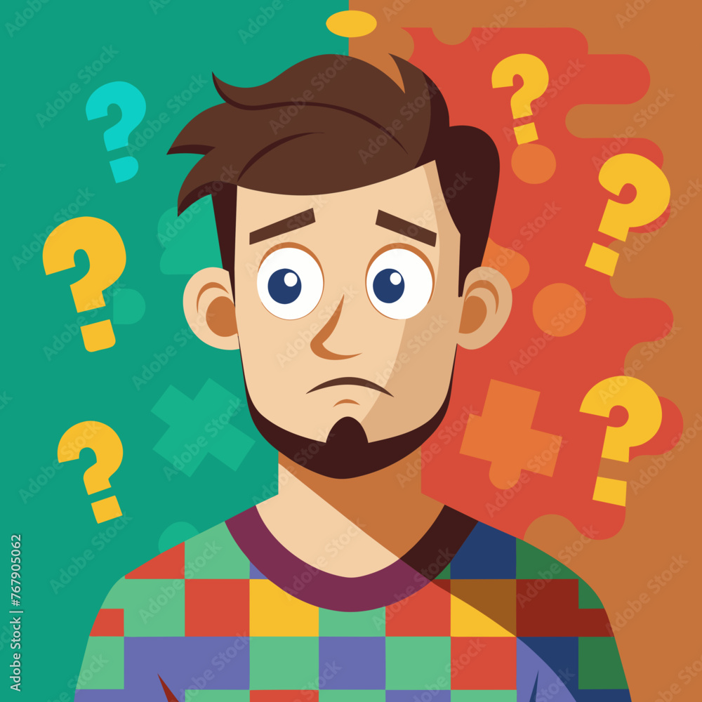 Young puzzled, doubtful, confused man thinking, trying to find solution, worried expression on his face, concept - Sorry, don't know how it happened. Copy space.