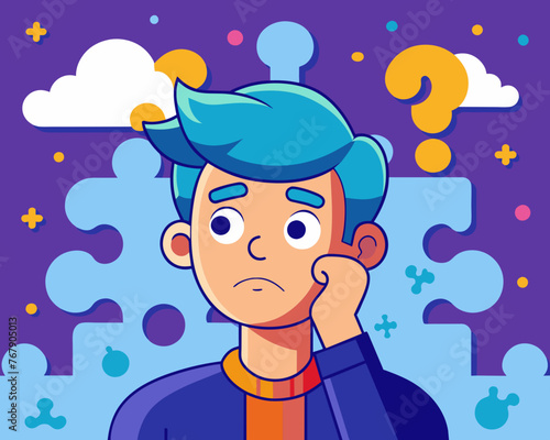 Young puzzled, doubtful, confused man thinking, trying to find solution, worried expression on his face, concept - Sorry, don't know how it happened. Copy space.