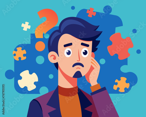 Young puzzled, doubtful, confused man thinking, trying to find solution, worried expression on his face, concept - Sorry, don't know how it happened. Copy space.