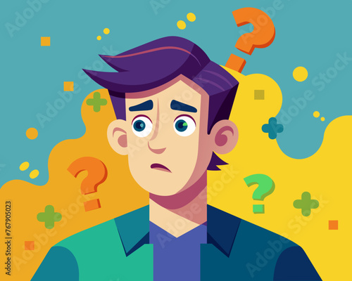 Young puzzled, doubtful, confused man thinking, trying to find solution, worried expression on his face, concept - Sorry, don't know how it happened. Copy space.