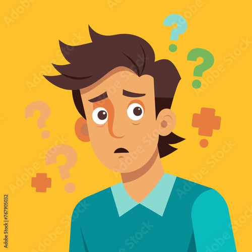 Young puzzled, doubtful, confused man thinking, trying to find solution, worried expression on his face, concept - Sorry, don't know how it happened. Copy space.