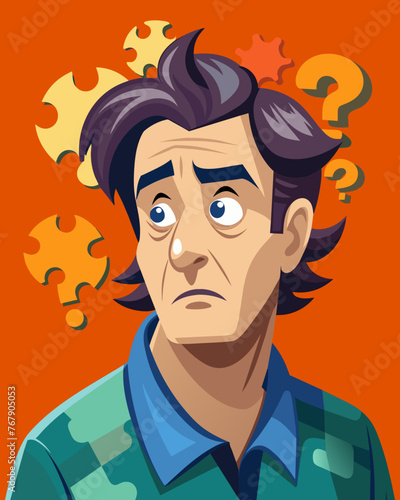 Young puzzled, doubtful, confused man thinking, trying to find solution, worried expression on his face, concept - Sorry, don't know how it happened. Copy space.